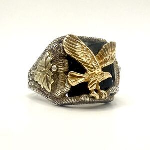 Vtg RGC 10K/12K Black Hills Gold 925 Flying Eagle Sterling Silver Onyx Ring 10.5